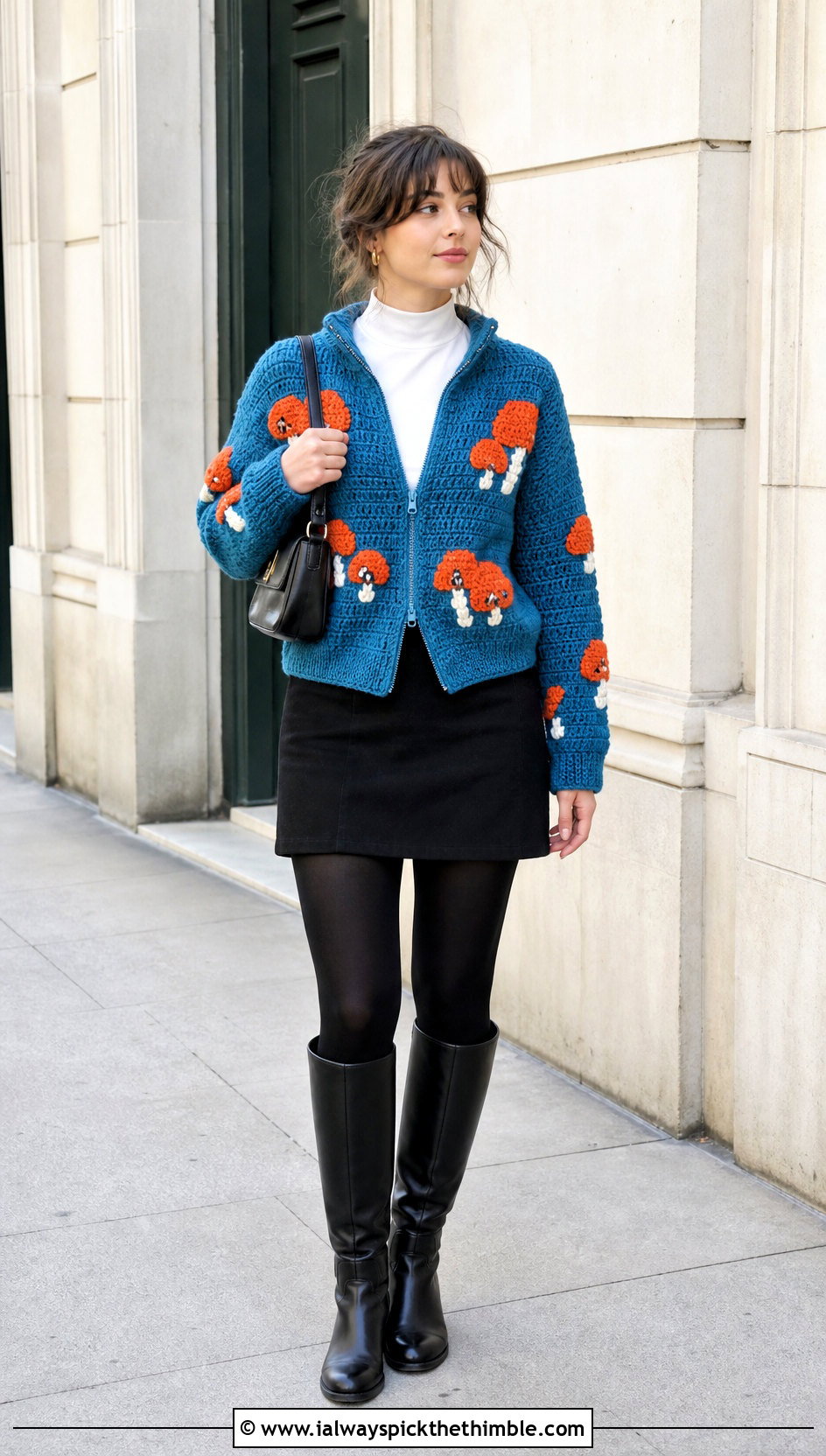 Mushroom Crochet Zip Up Sweater With Mini Skirt And Tights - 20 mushroom crochet sweater outfit ideas