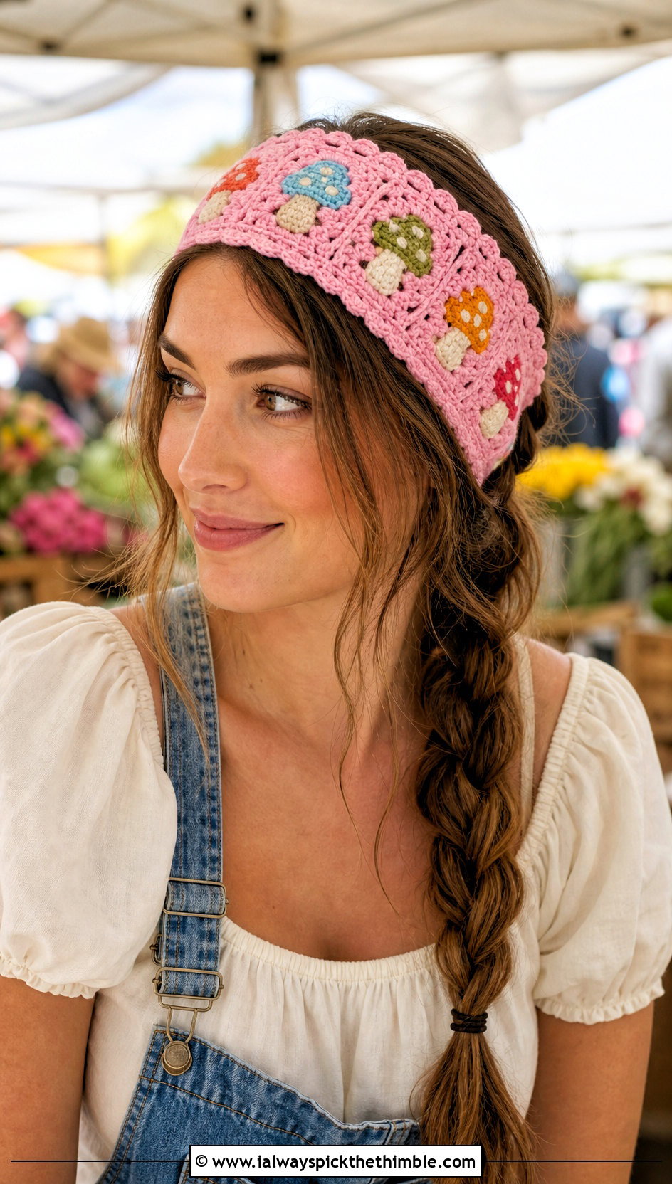 Mushroom Granny Square Headband With Denim Overalls - 20 Crochet Mushroom Headband outfit ideas