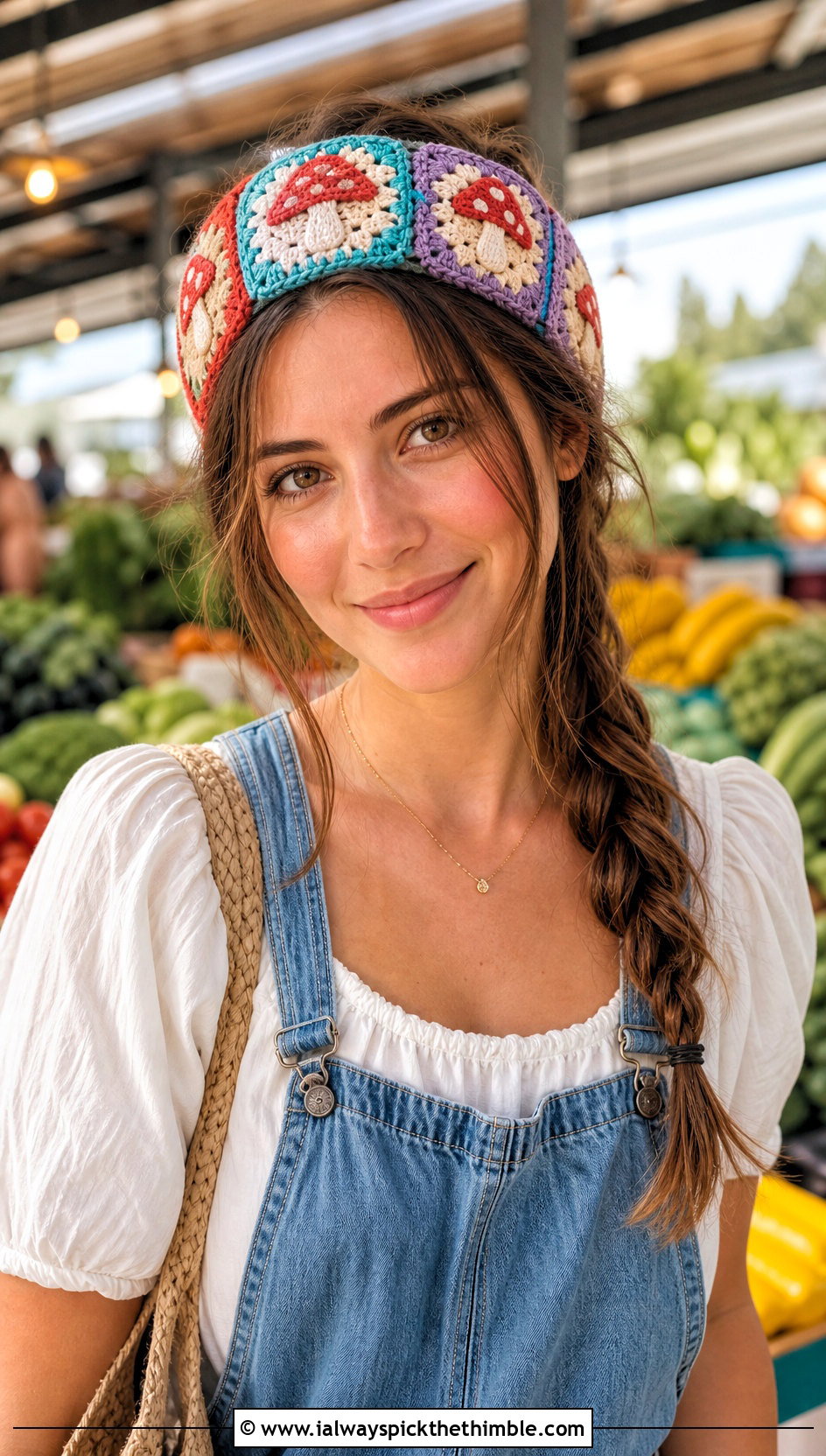 Mushroom Granny Square Headband With Overalls - 20 mushroom crochet headband outfit ideas