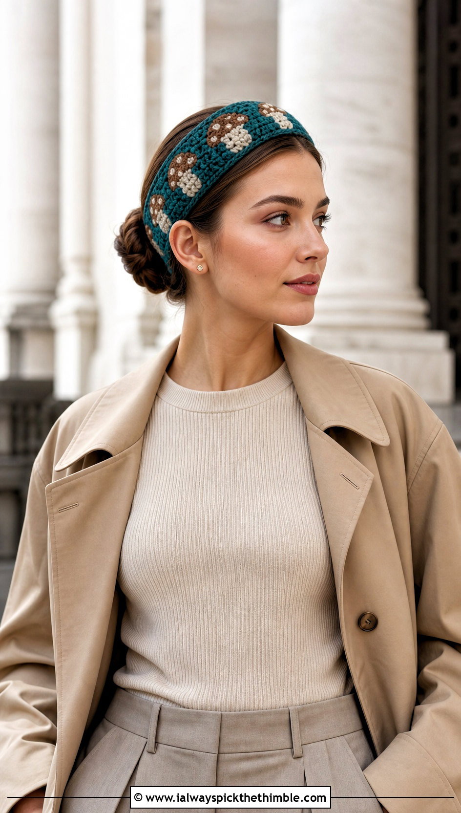 Mushroom Mosaic Crochet Headband With Trench Coat - 20 mushroom crochet headband outfit ideas