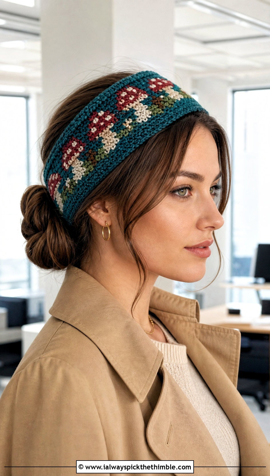 Mushroom Mosaic Crochet Headband With Trench Coat - 20 Crochet Mushroom Headband outfit ideas