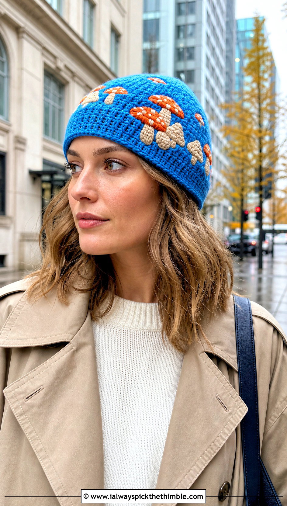 Mushroom Motif Crochet Cap With Trench Coat - 20 mushroom crochet hat outfit ideas
