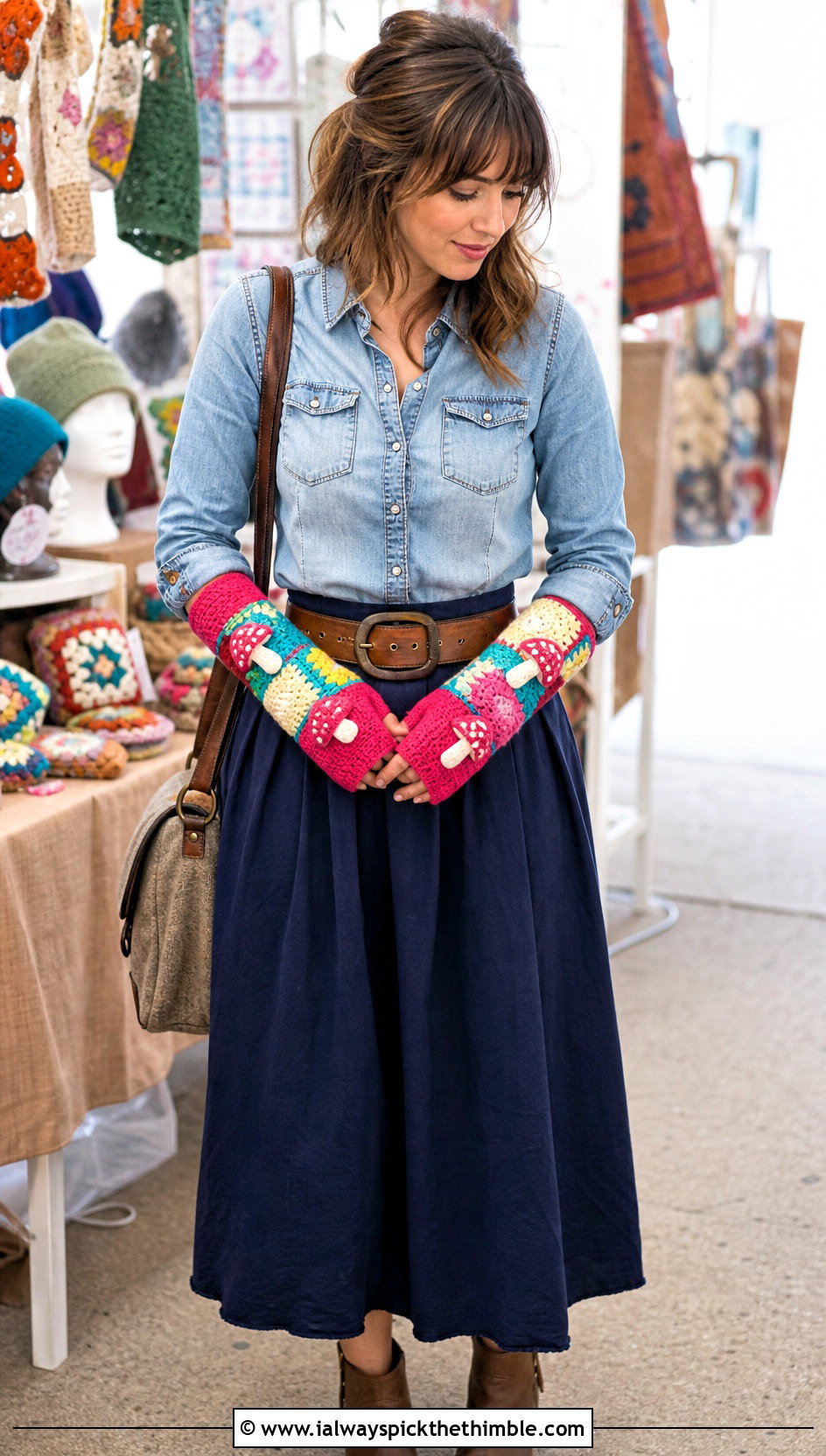 Mushroom Patchwork Gloves With Denim Shirt And Maxi Skirt - 20 Crochet Mushroom Gloves outfit ideas