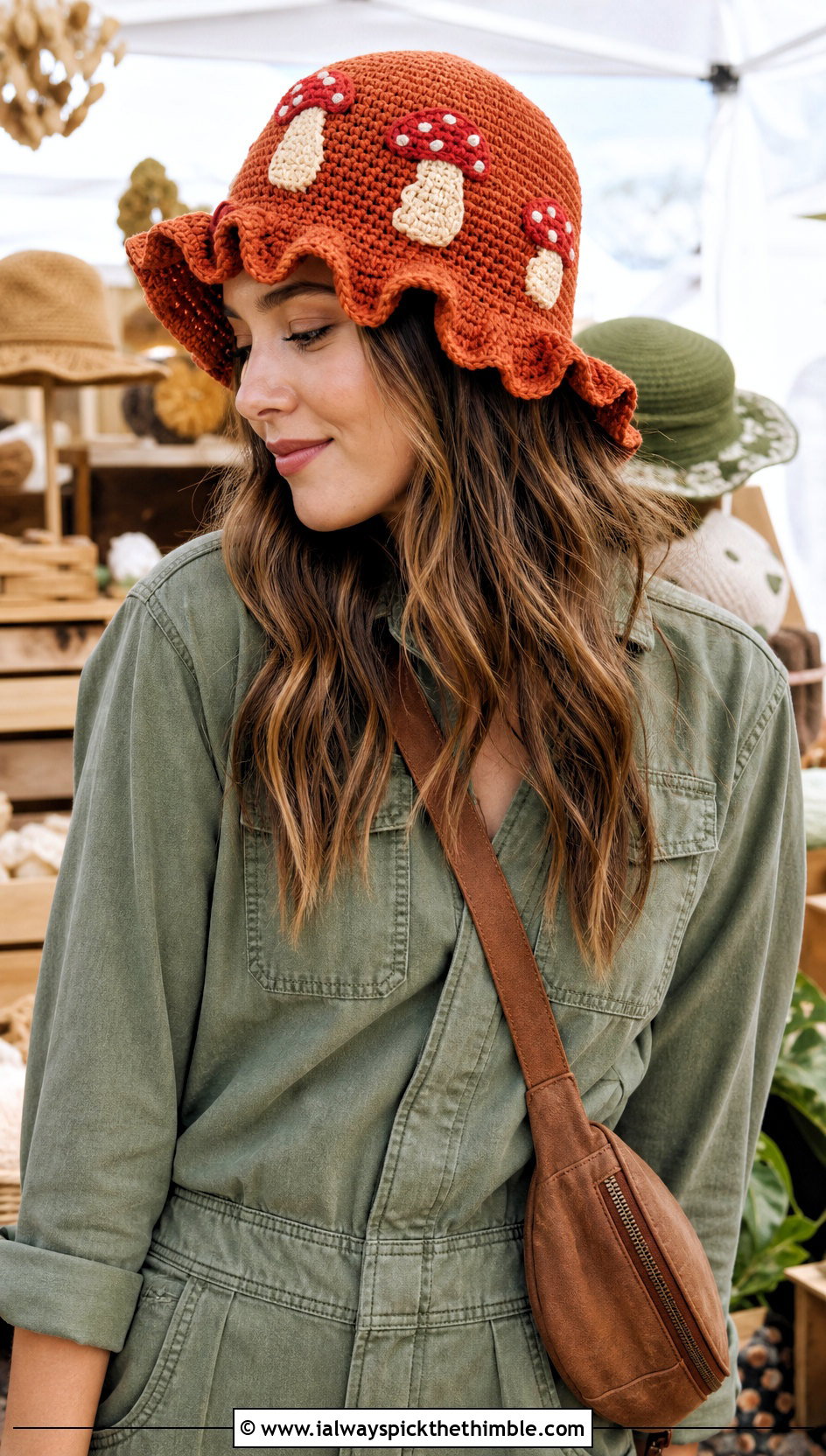 Mushroom Ruffle Crochet Bucket Hat With Utility Jumpsuit - 25 ruffled crochet hat outfit ideas
