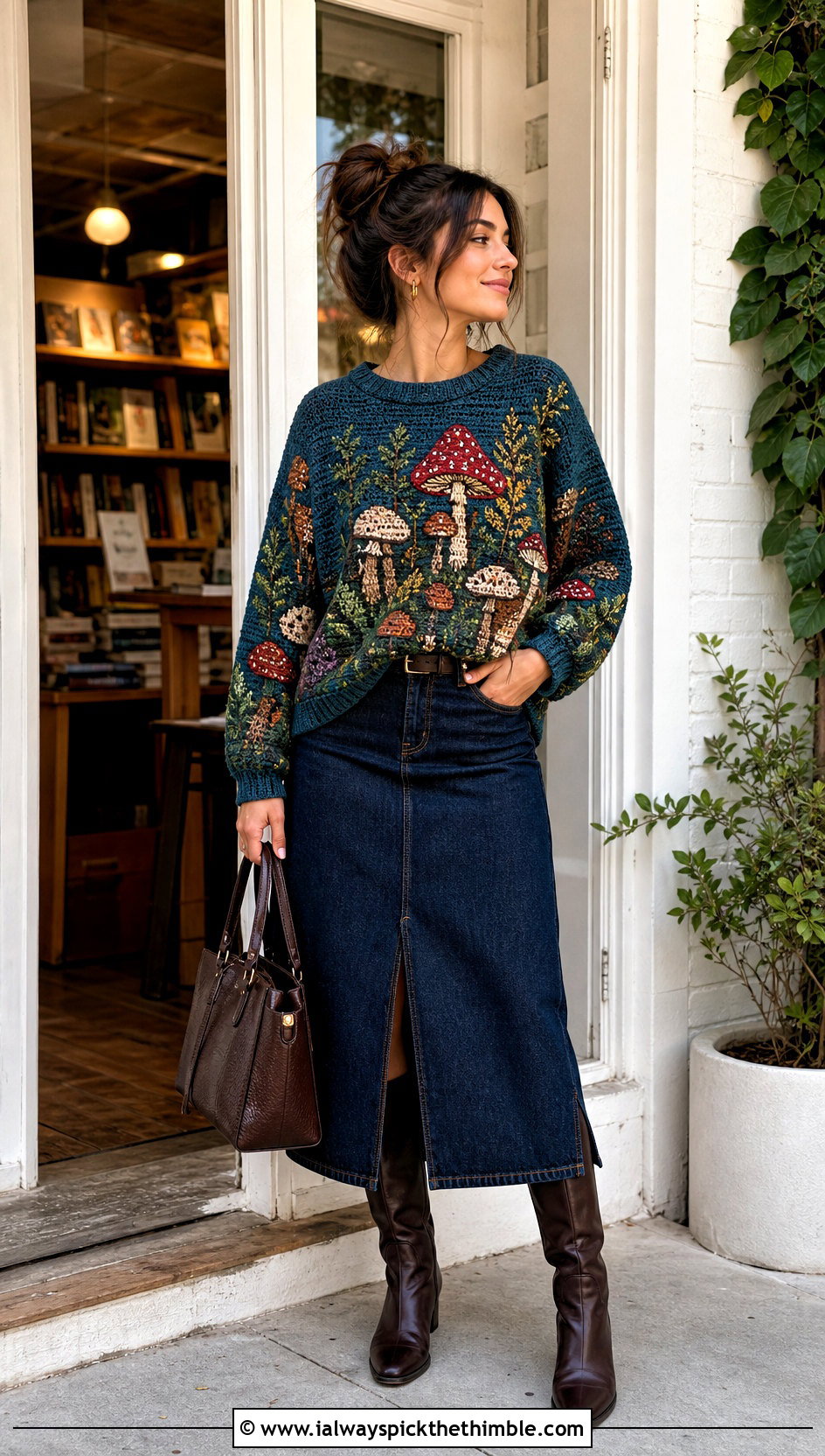 Mushroom Tapestry Crochet Sweater With Denim Midi Skirt - 20 mushroom crochet sweater outfit ideas