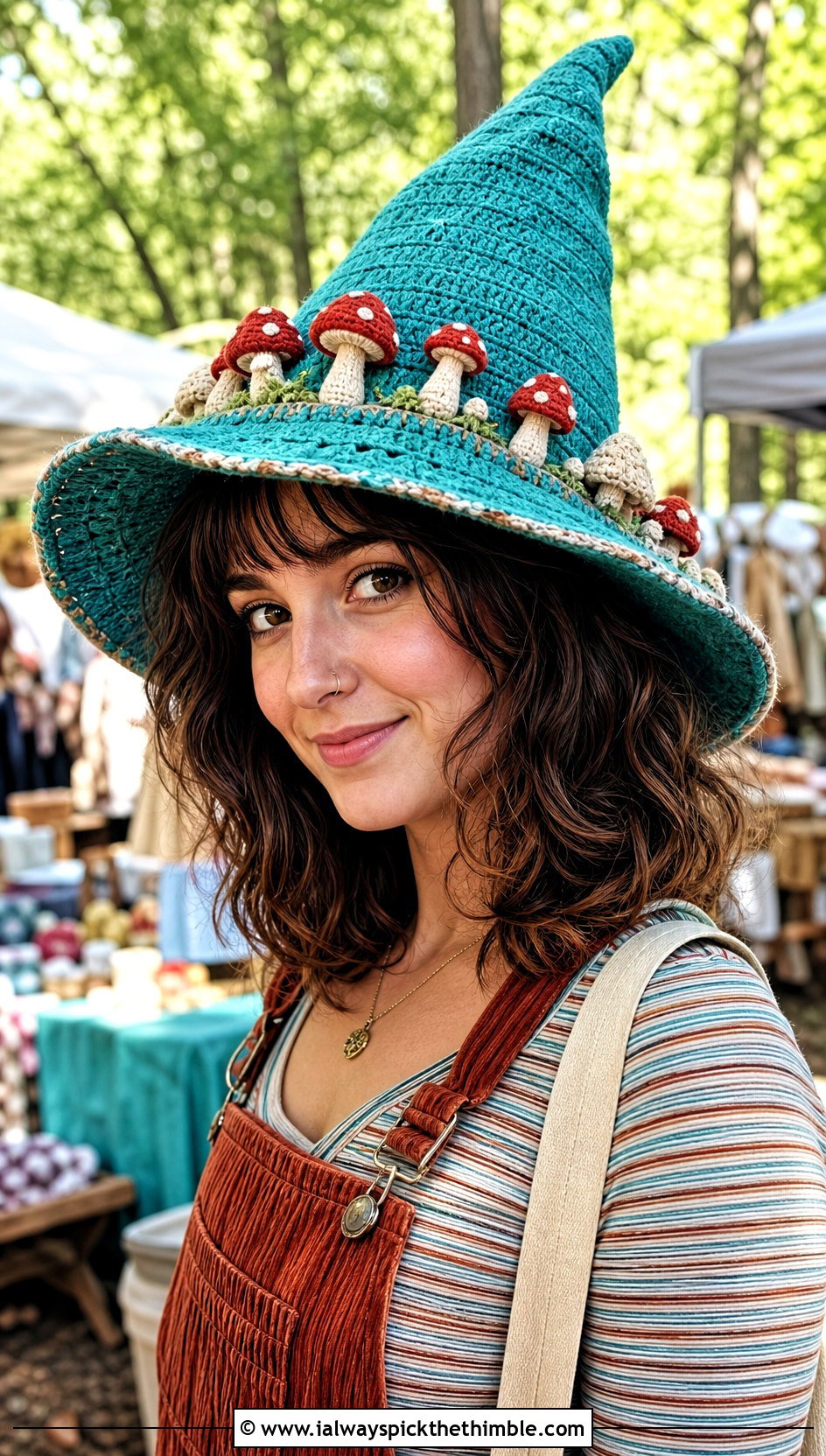 Mushroom Trim Crochet Witch Hat With Corduroy Overalls - 25 crochet witches hat outfit ideas