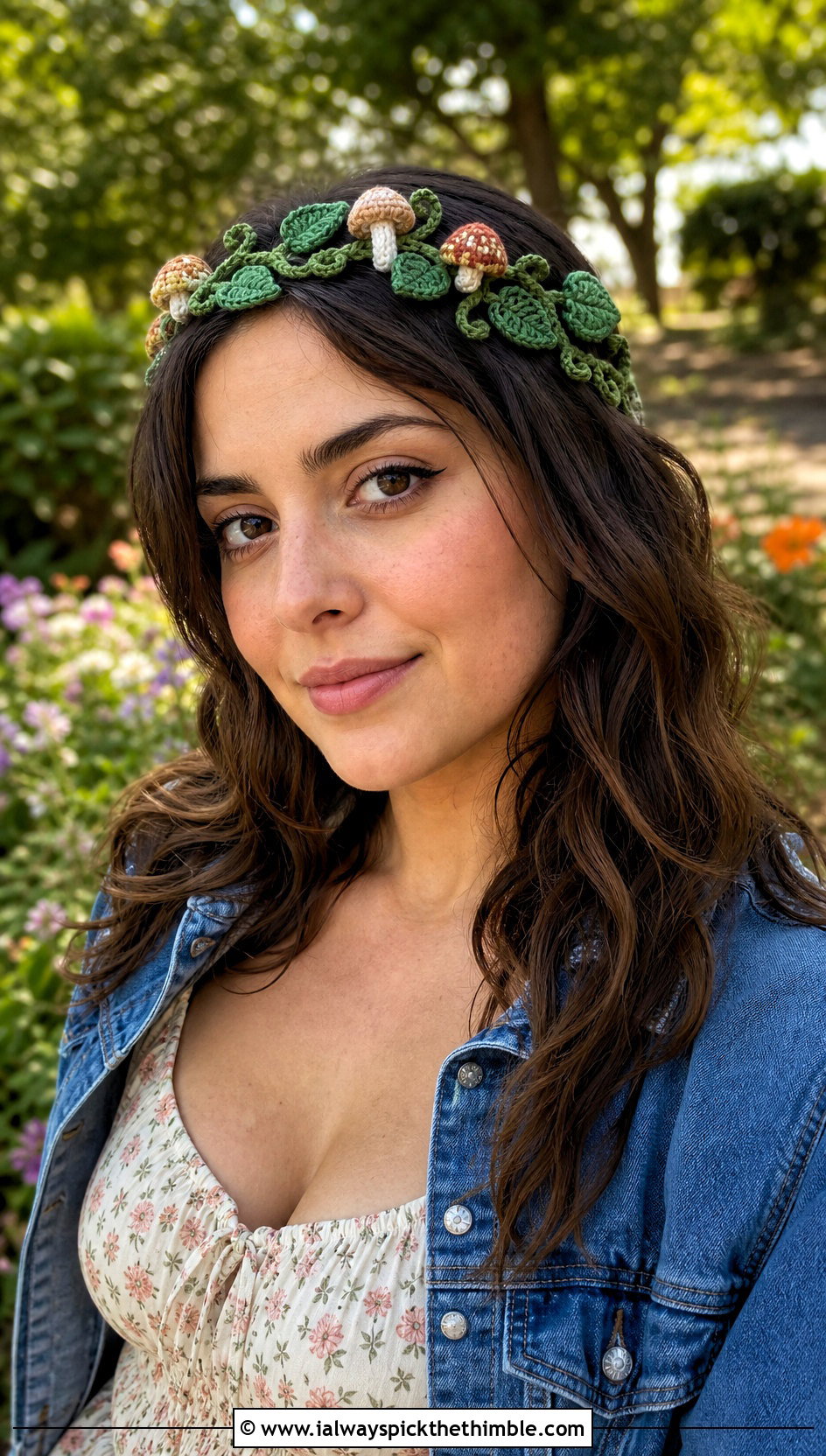 Mushroom Vine Crochet Headband With Floral Maxi Dress - 20 Crochet Mushroom Headband outfit ideas