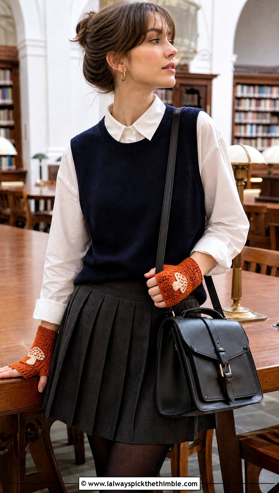 Mushroom Wristlet Gloves With Oxford Shirt And Pleated Skirt - 20 Crochet Mushroom Gloves outfit ideas