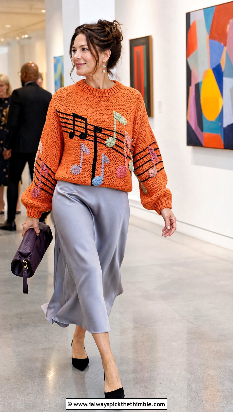 Music Note Crochet Mabel Sweater With Satin Midi Skirt - 25 crochet mabel sweater outfit ideas