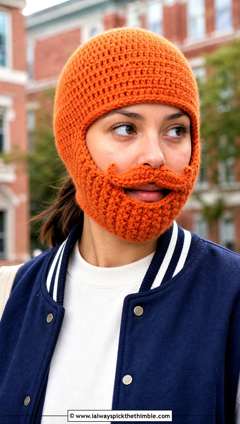 Mustache Beard Crochet Beanie With Varsity Jacket - 25 crochet beard hat outfit ideas
