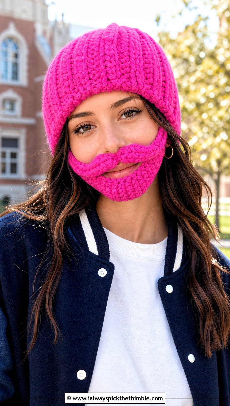 Mustache Beard Crochet Beanie With Varsity Jacket - 20 Beard Crochet Hat outfit ideas