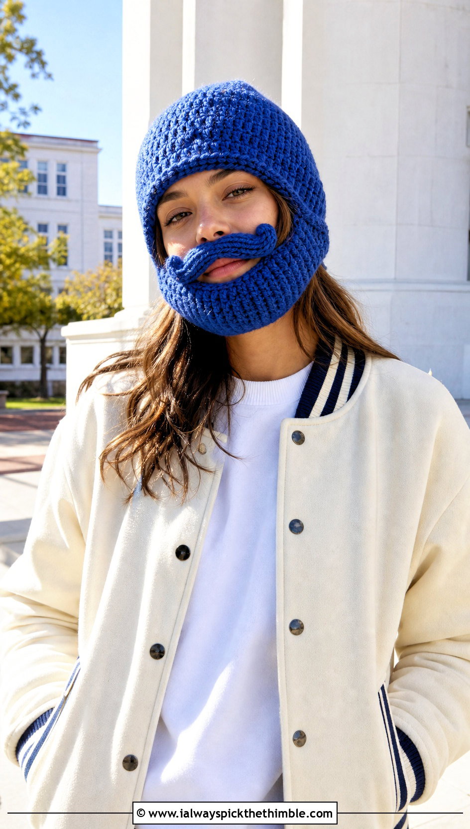 Mustache Crochet Beard Beanie With Varsity Jacket - 15 Crochet Hat With Beard outfit ideas