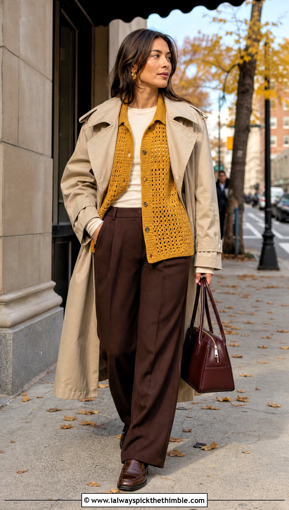 Mustard Button Up Stussy Crochet Shirt With Trench Coat - 15 stussy crochet shirt outfit ideas