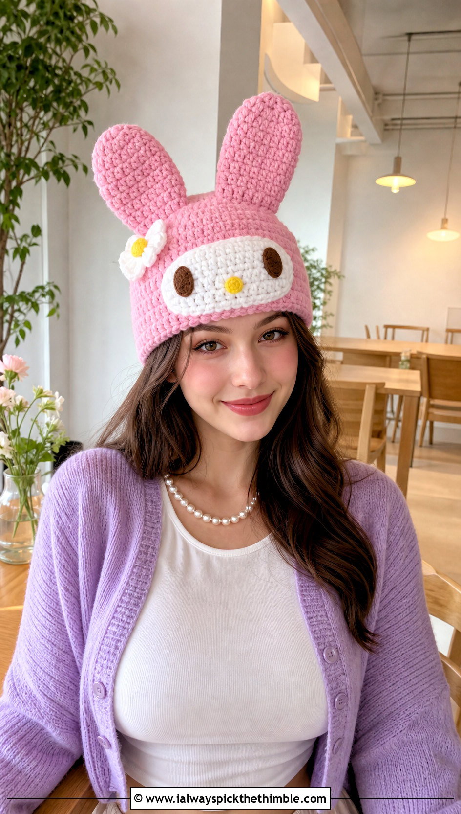 My Melody Bunny Ear Crochet Beanie With Pleated Skirt - 20 sanrio crochet beanie outfit ideas