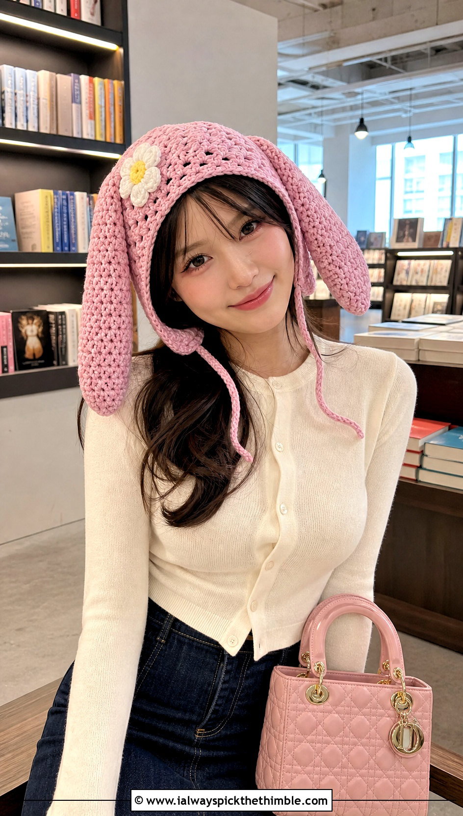 My Melody Crochet Bunny Ear Bonnet With Cardigan - 20 sanrio crochet hat outfit ideas
