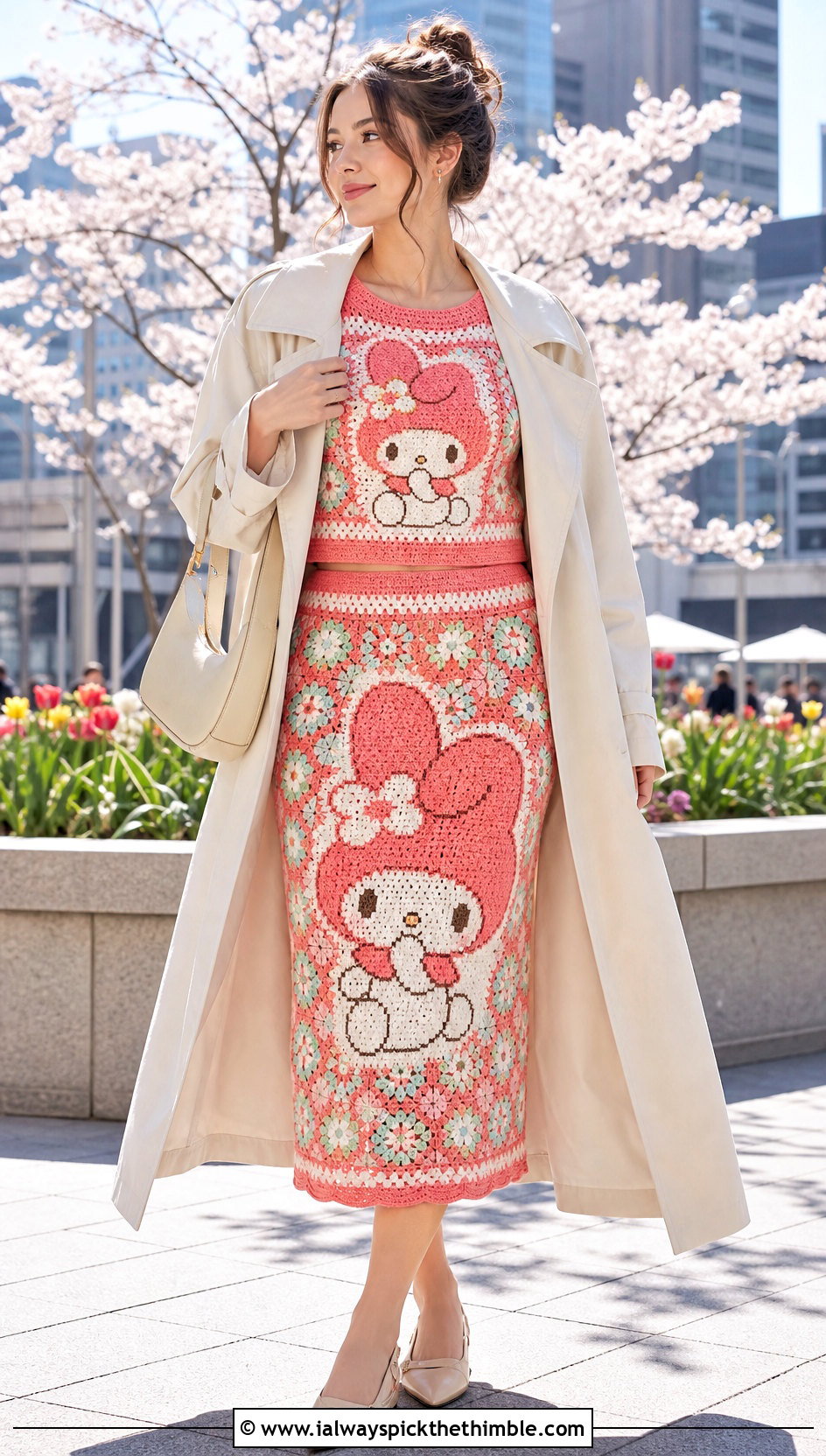 My Melody Crochet Co Ord Set With Trench Coat - 20 Sanrio Crochet Clothes and outfit ideas