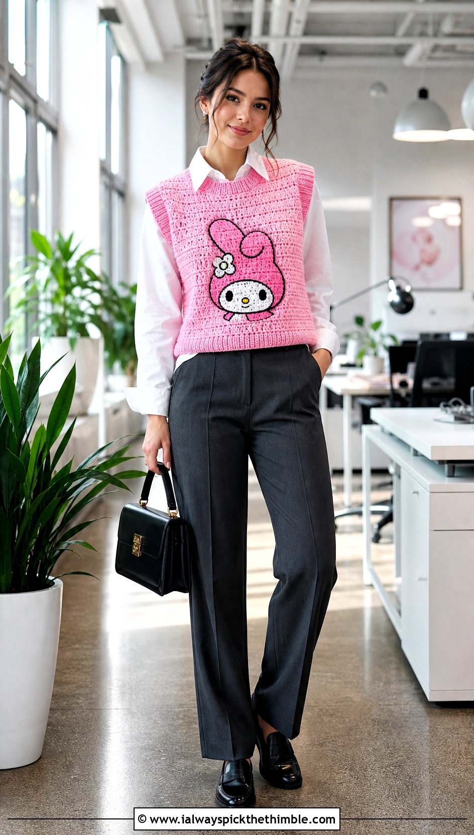 My Melody Crochet Sweater Vest With Tailored Trousers - 20 Sanrio Crochet Clothes and outfit ideas