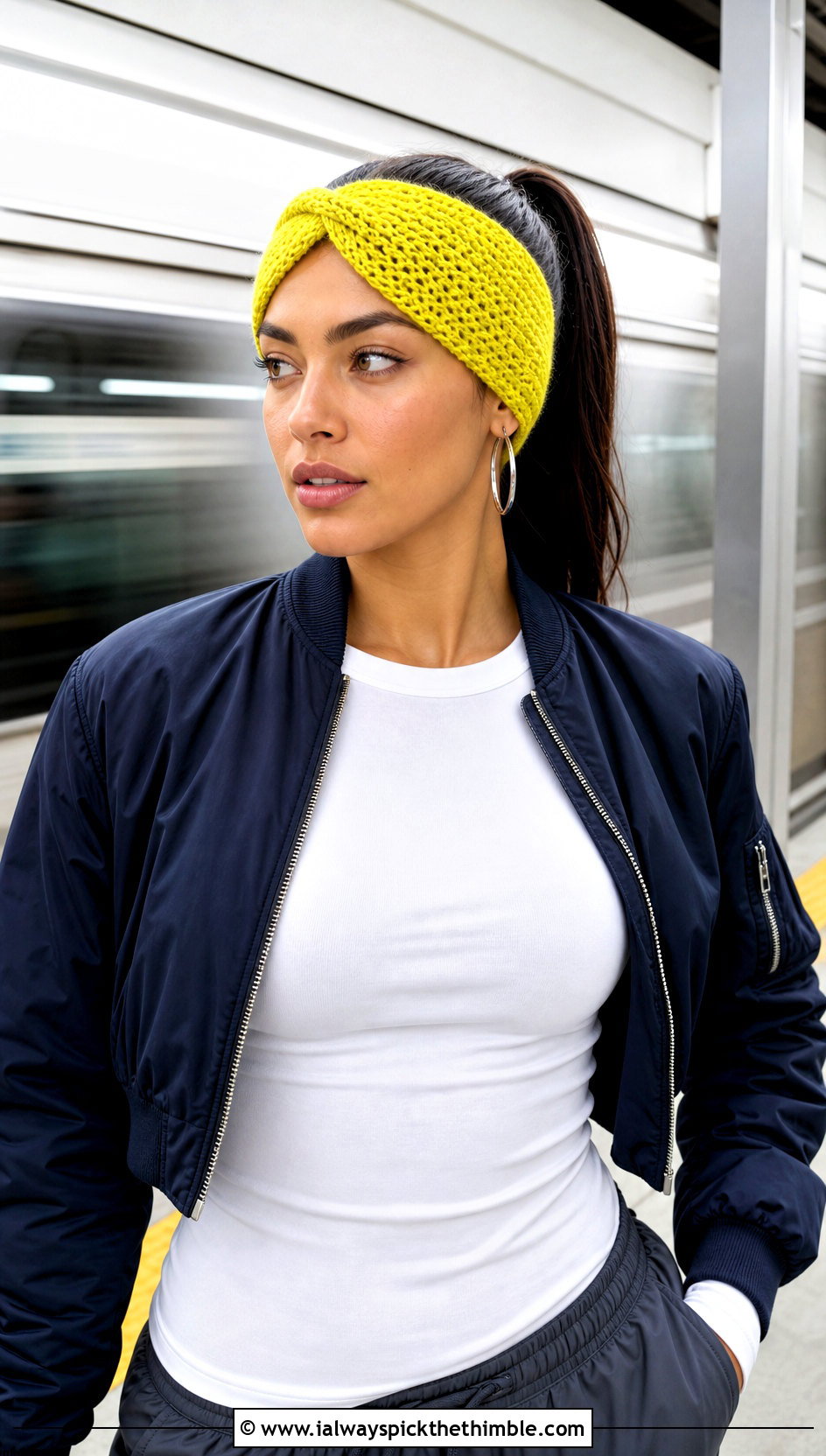 Narrow Band Crochet Twisted Ear Warmer With Bomber Jacket - 25 crochet twisted ear warmer outfit ideas
