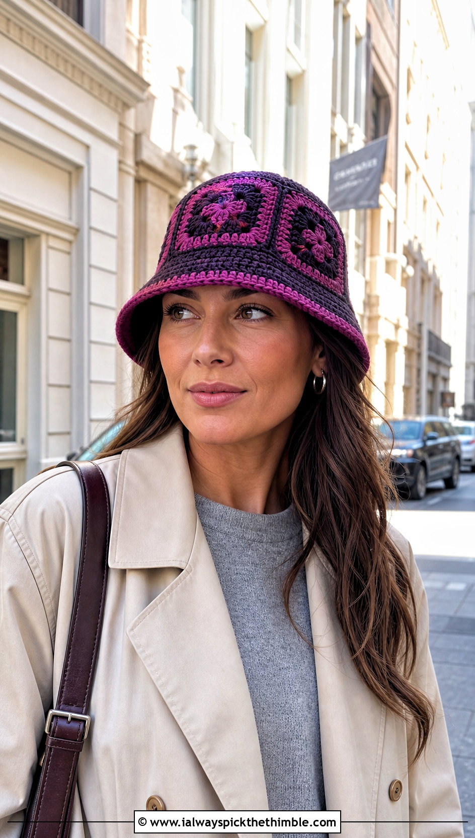Narrow Brim Granny Square Bucket Hat With Trench Coat And Loafers - 20 crochet square hat outfit ideas