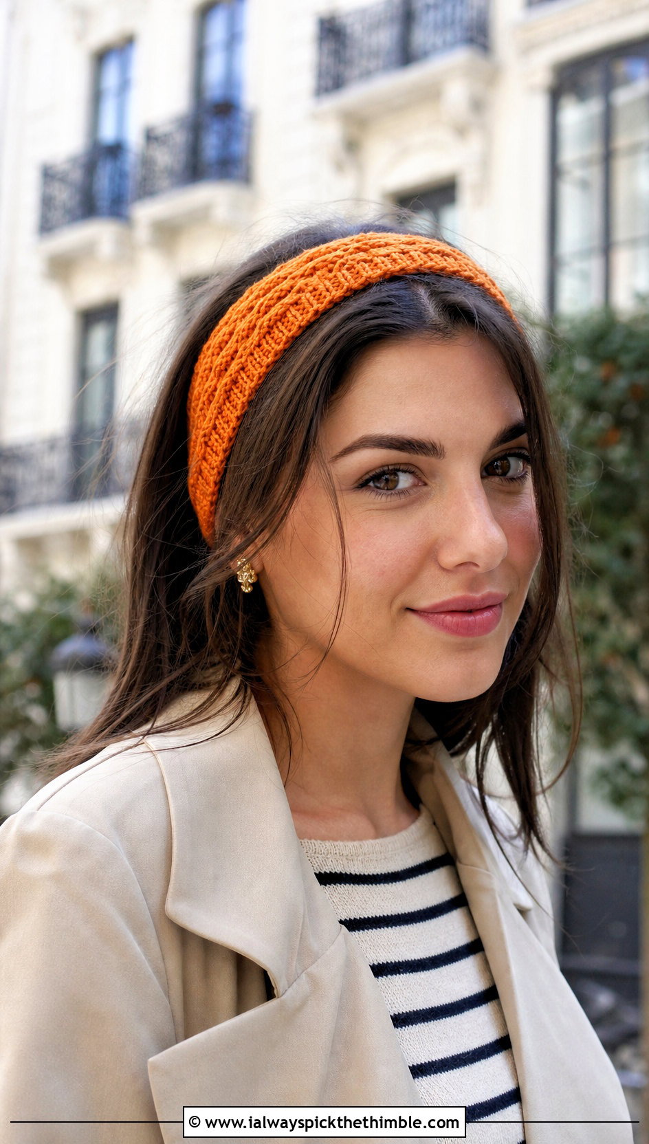 Narrow Cable Crochet Headband With Trench Coat - 15 Cable Stitch Crochet Headband outfit ideas
