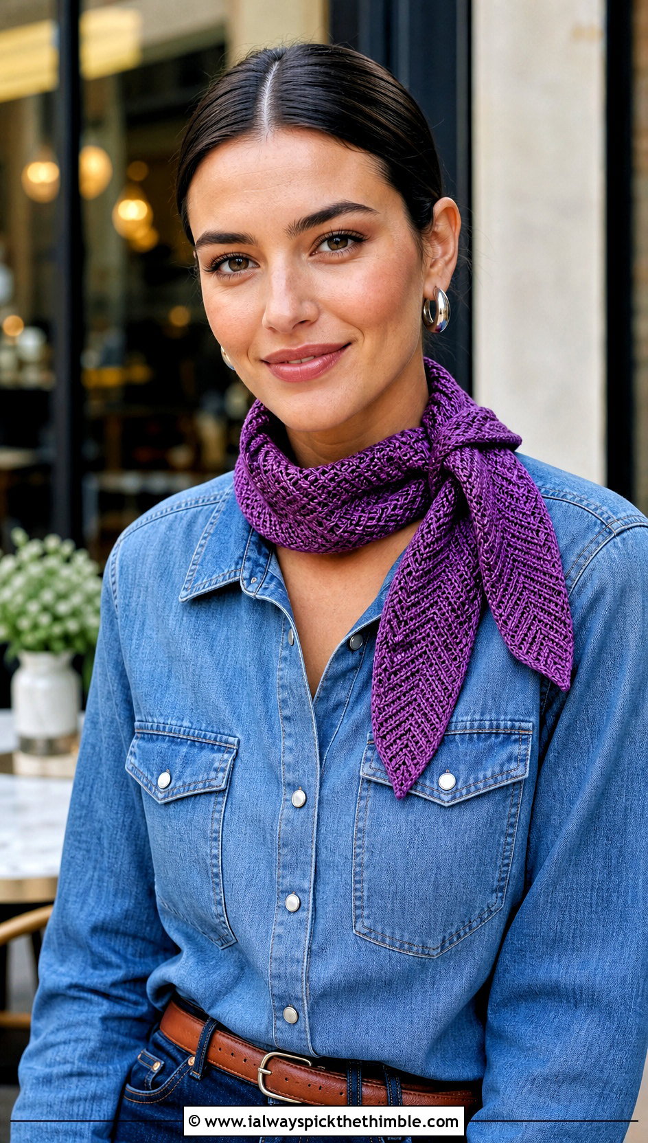 Narrow Chevron Crochet Neck Scarf With Double Denim - 20 Crochet Zig Zag Scarf outfit ideas
