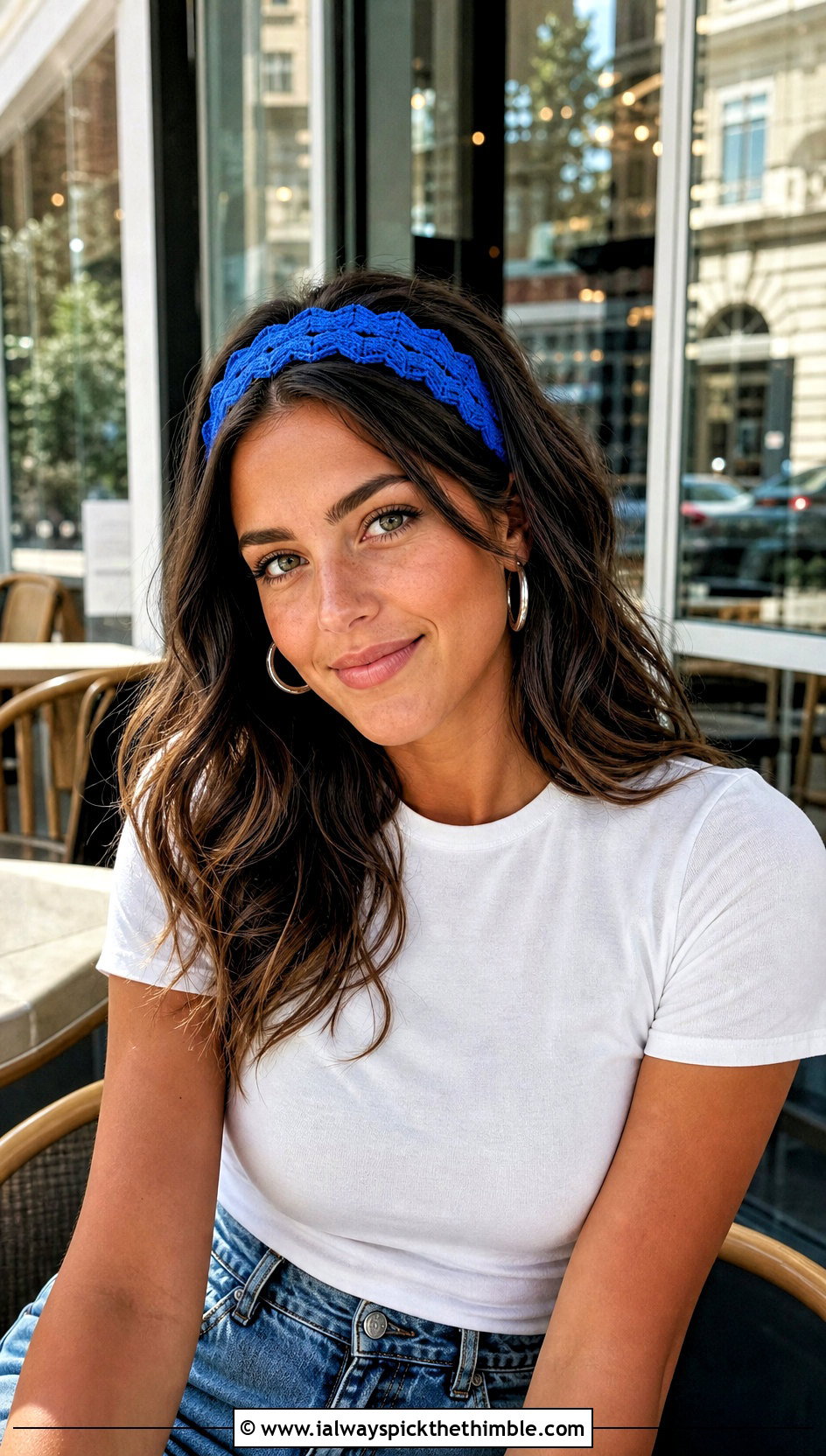 Narrow Crochet Chevron Headband With White Tee And Jeans - 15 Crochet Chevron Headband outfit ideas