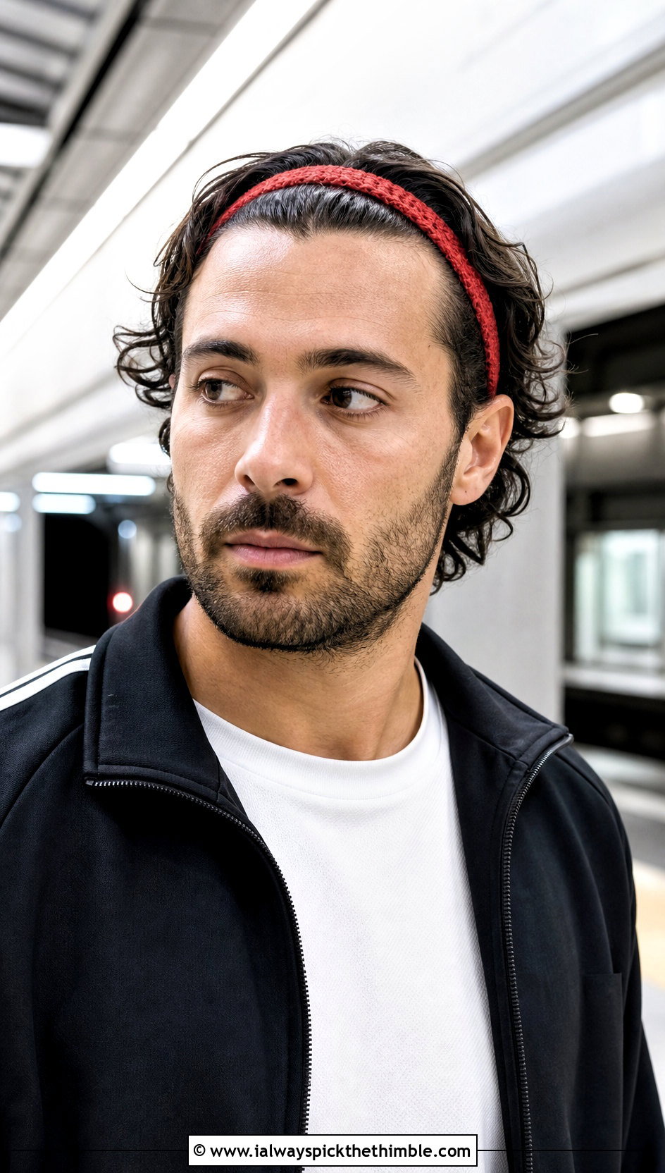 Narrow Crochet Headband With Track Jacket - 20 men's crochet headband outfit ideas
