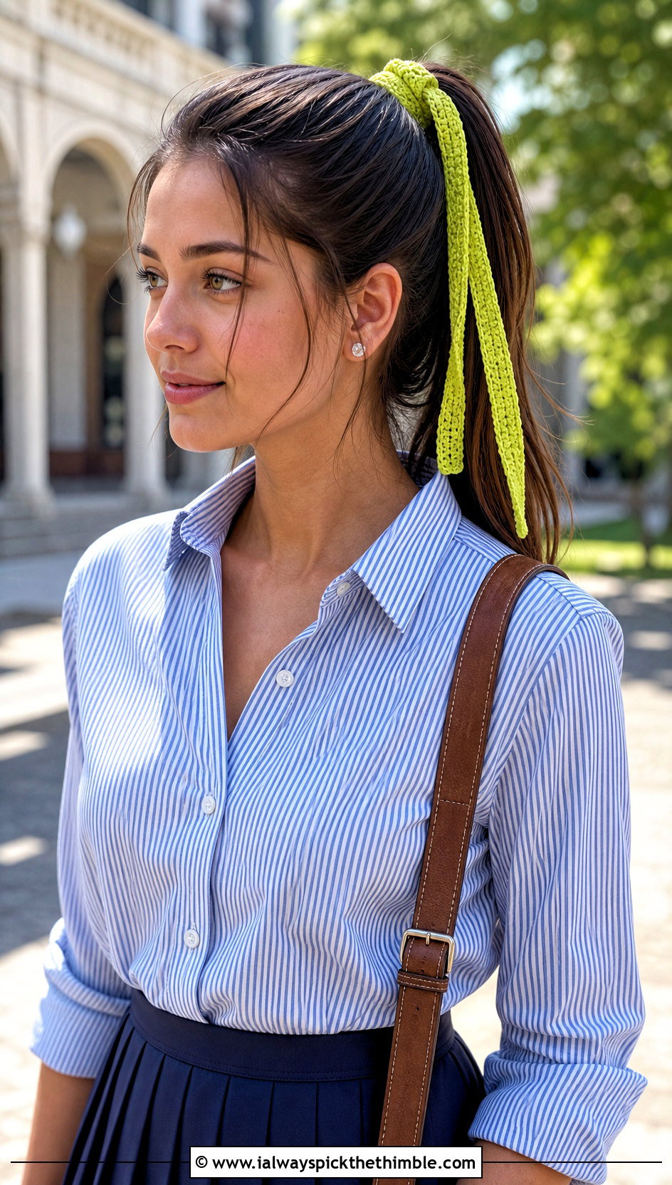 Narrow Crochet Ribbon Hair Scarf With Preppy Outfit - 25 crochet hair scarf outfit ideas