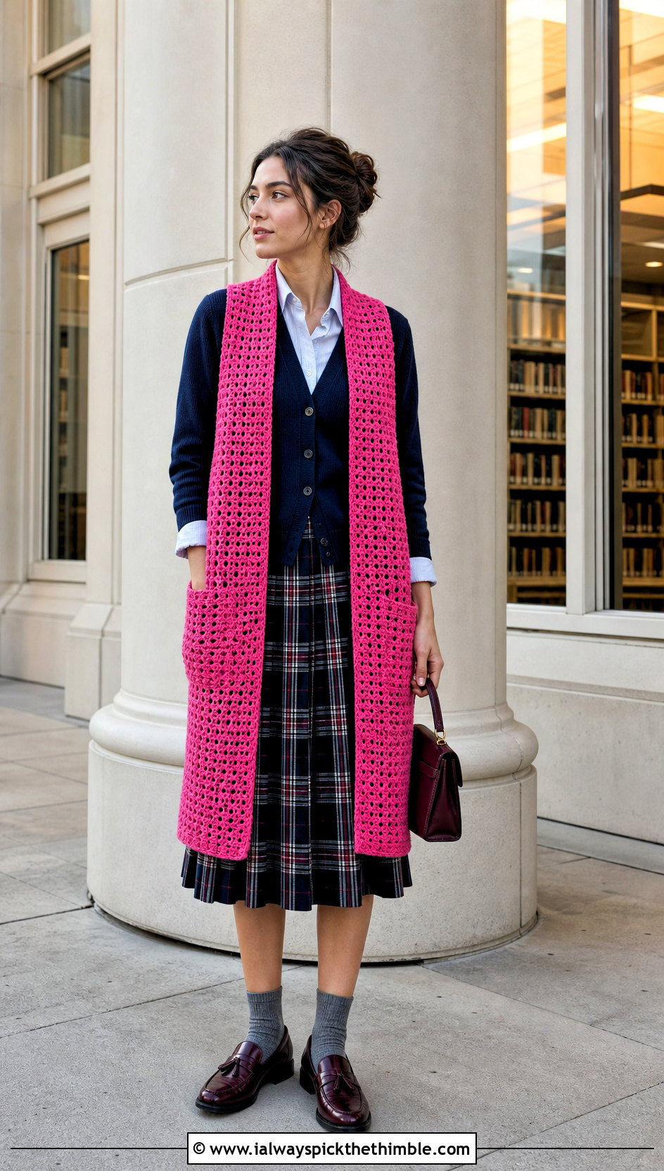 Narrow Crochet Wrap With Preppy Cardigan Outfit - 25 crochet wrap with pockets outfit ideas