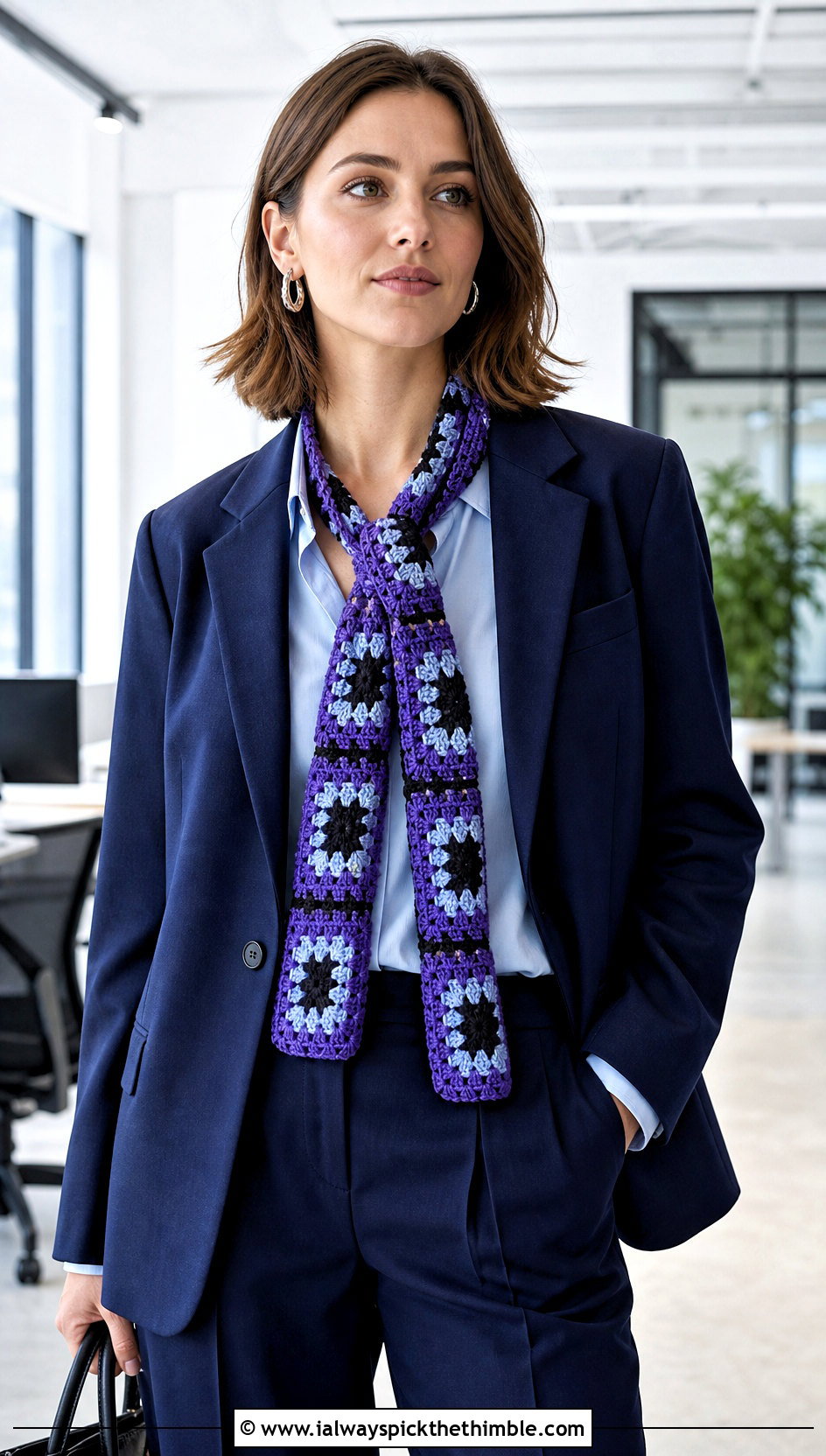 Narrow Granny Square Crochet Scarf With Blazer And Trousers - 25 granny square crochet scarf outfit ideas