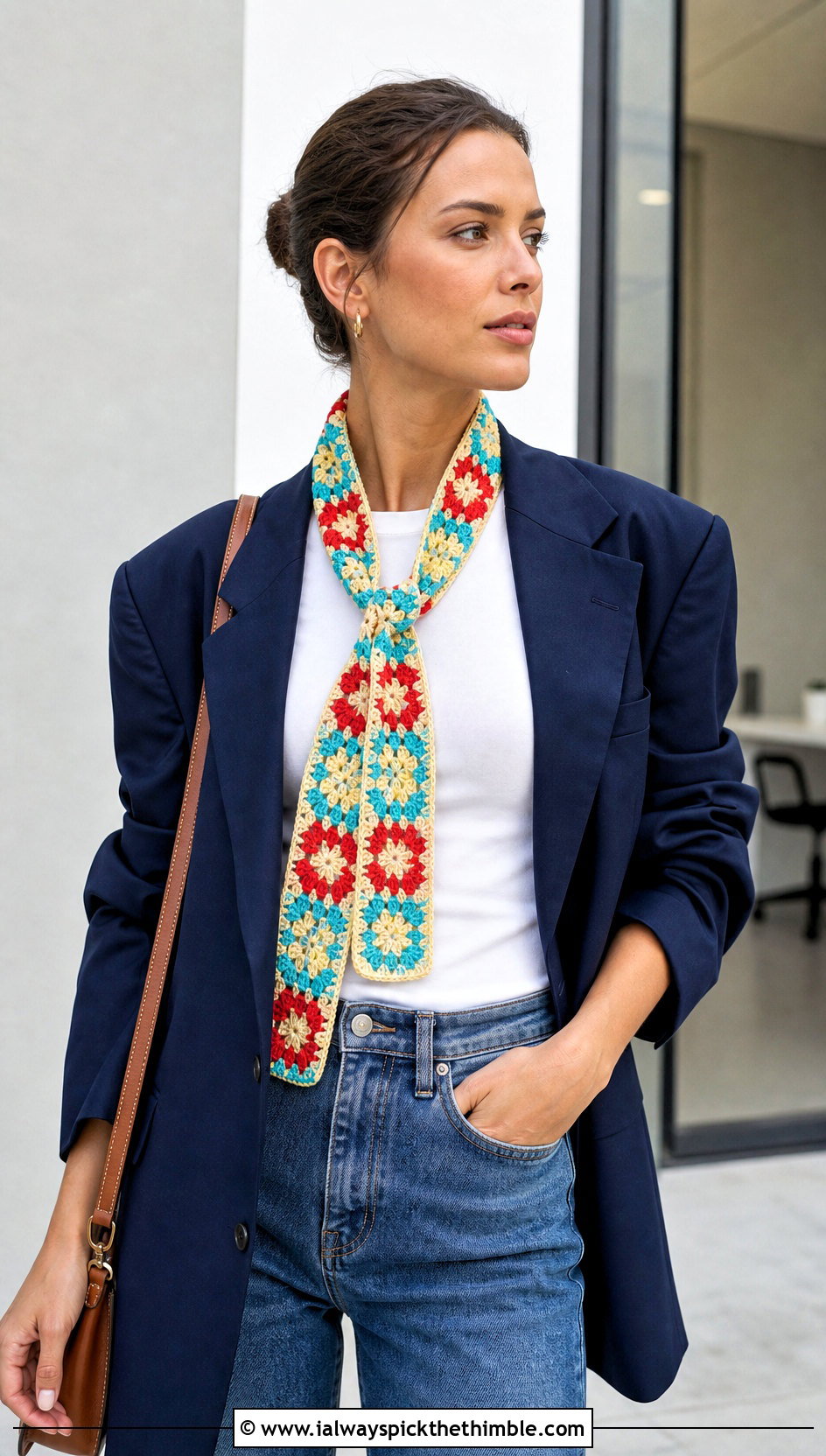 Narrow Granny Square Scarf With Blazer And Straight Leg Jeans - 20 crochet granny square scarf outfit ideas