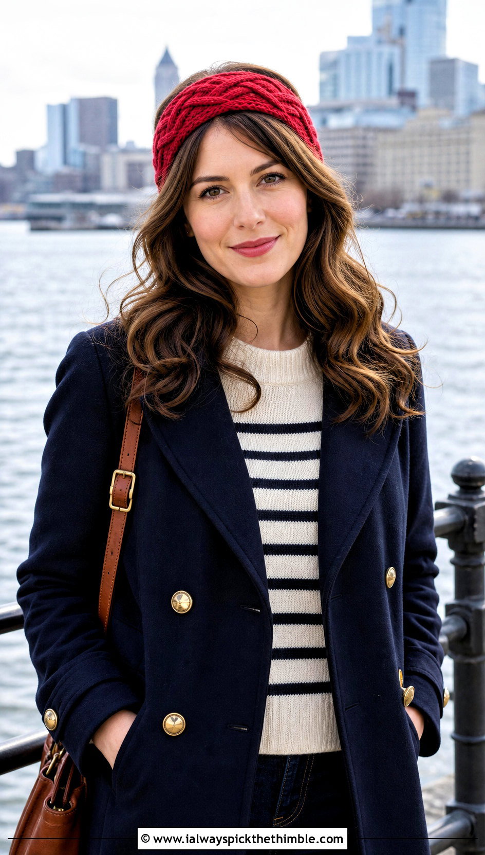 Narrow Rope Cable Crochet Headband With Peacoat And Flare Jeans - 15 cable crochet headband outfit ideas