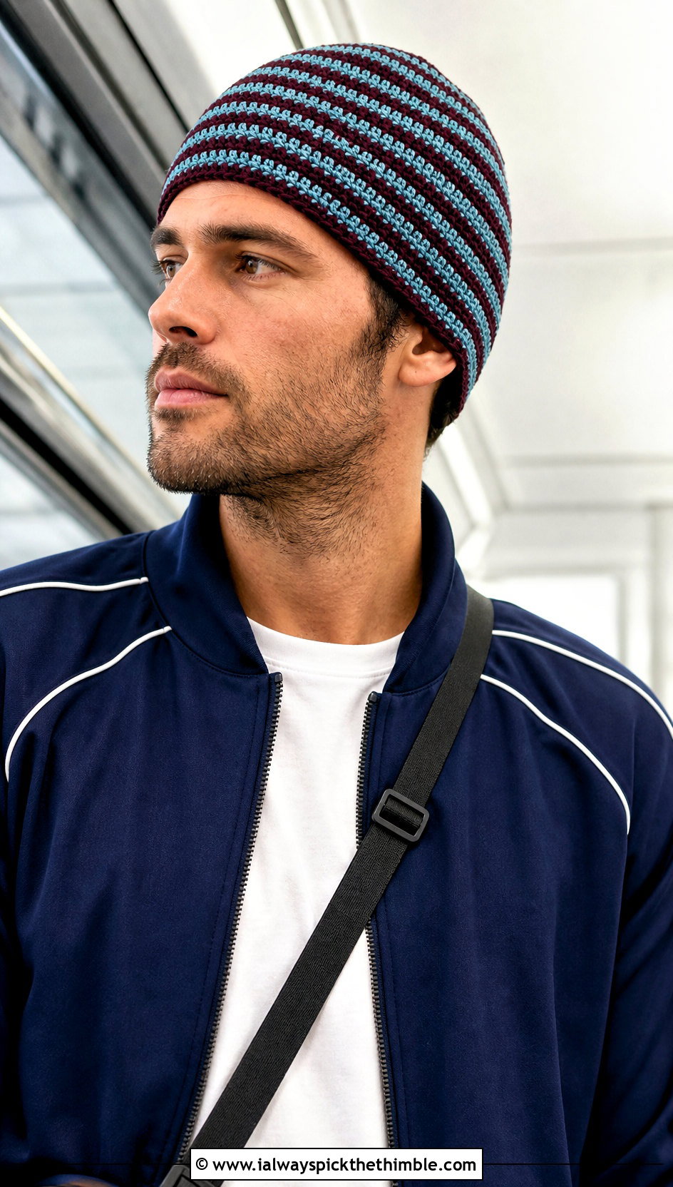 Narrow Stripe Crochet Beanie With Track Jacket - 15 mens striped crochet beanie outfit ideas