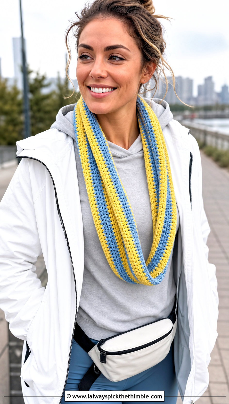 Narrow Striped Crochet Infinity Scarf With Hoodie - 15 Striped Crochet Infinity Scarf outfit ideas