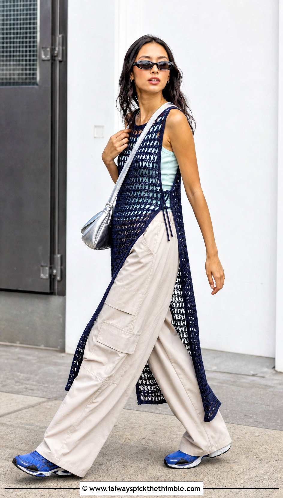 Navy Blue Mesh Crochet Dress With Cargo Pants - 20 navy blue crochet dress outfit ideas