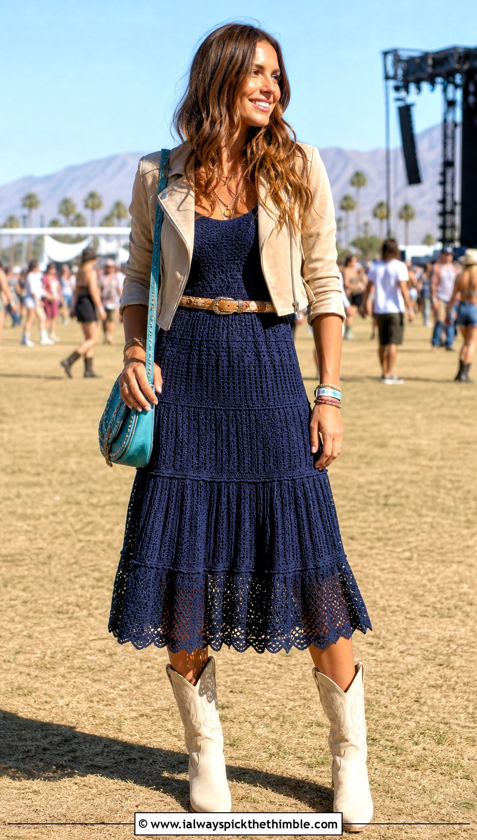 Navy Blue Tiered Crochet Dress With Western Boots - 20 navy blue crochet dress outfit ideas