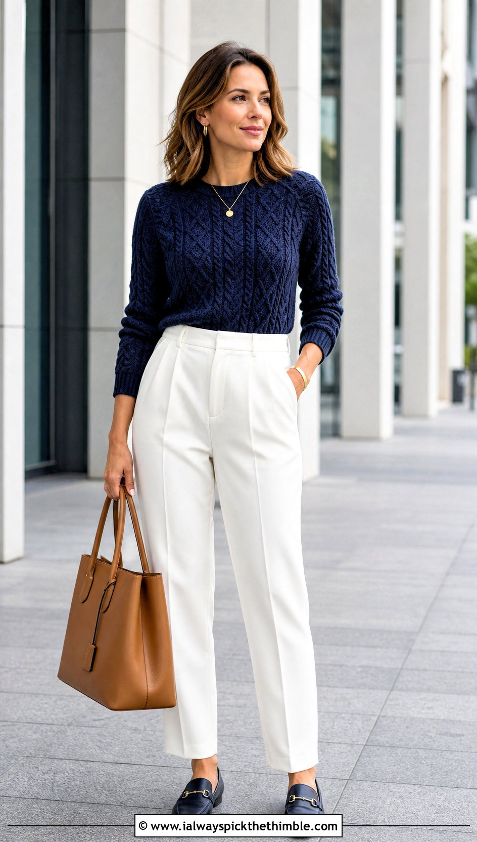 Navy Cable Crochet Sweater With White Tailored Trousers - 25 blue crochet sweater outfit ideas