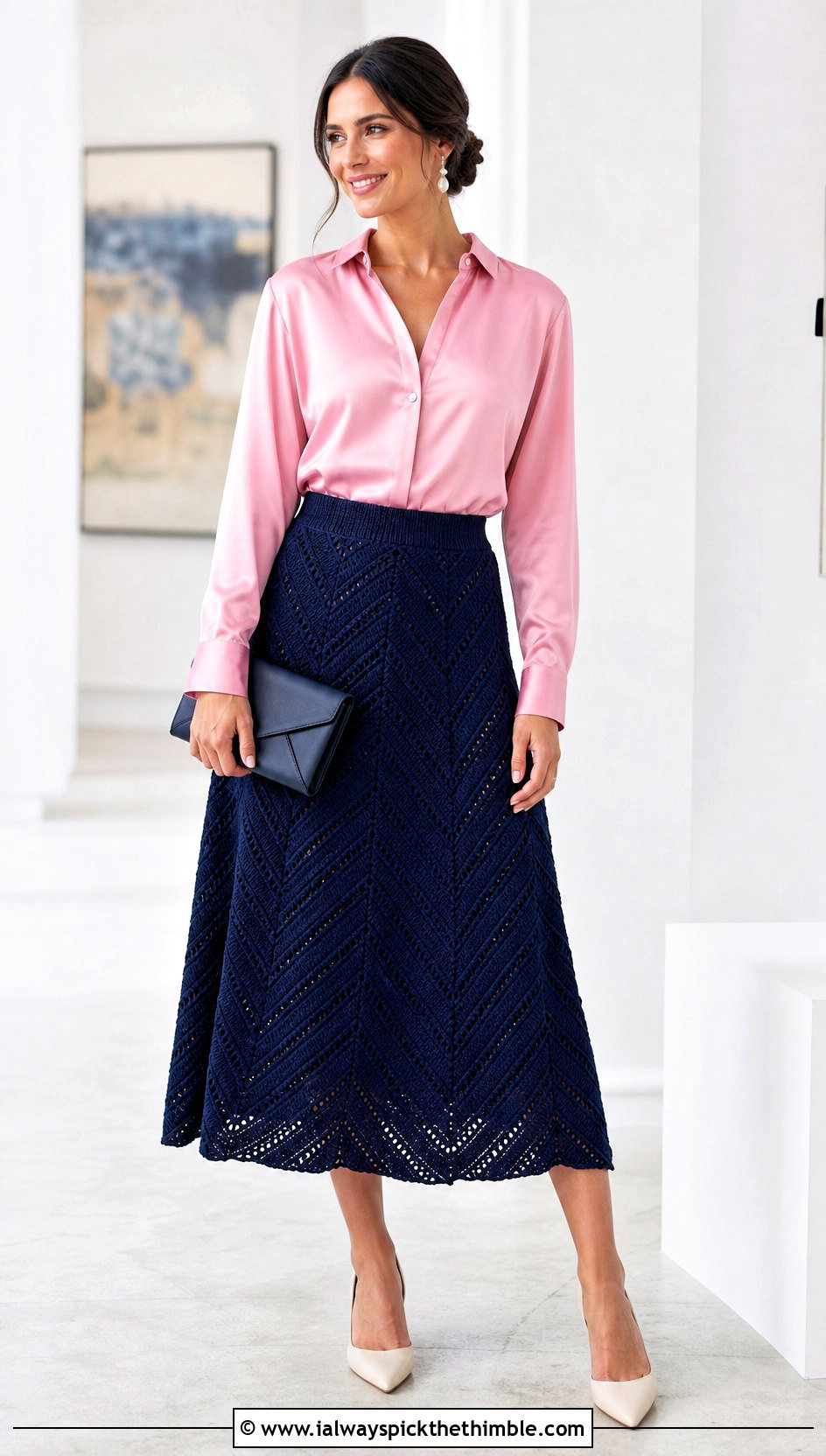 Navy Chevron Crochet A Line Skirt With Satin Blouse - 15 navy crochet skirt outfit ideas