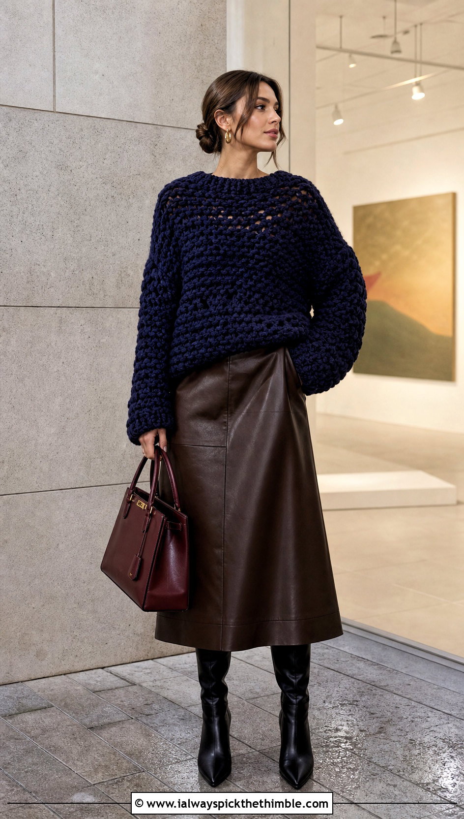 Navy Chunky Oversized Crochet Sweater With Leather Midi Skirt - 15 Blue Crochet Sweater On Hanger outfit ideas