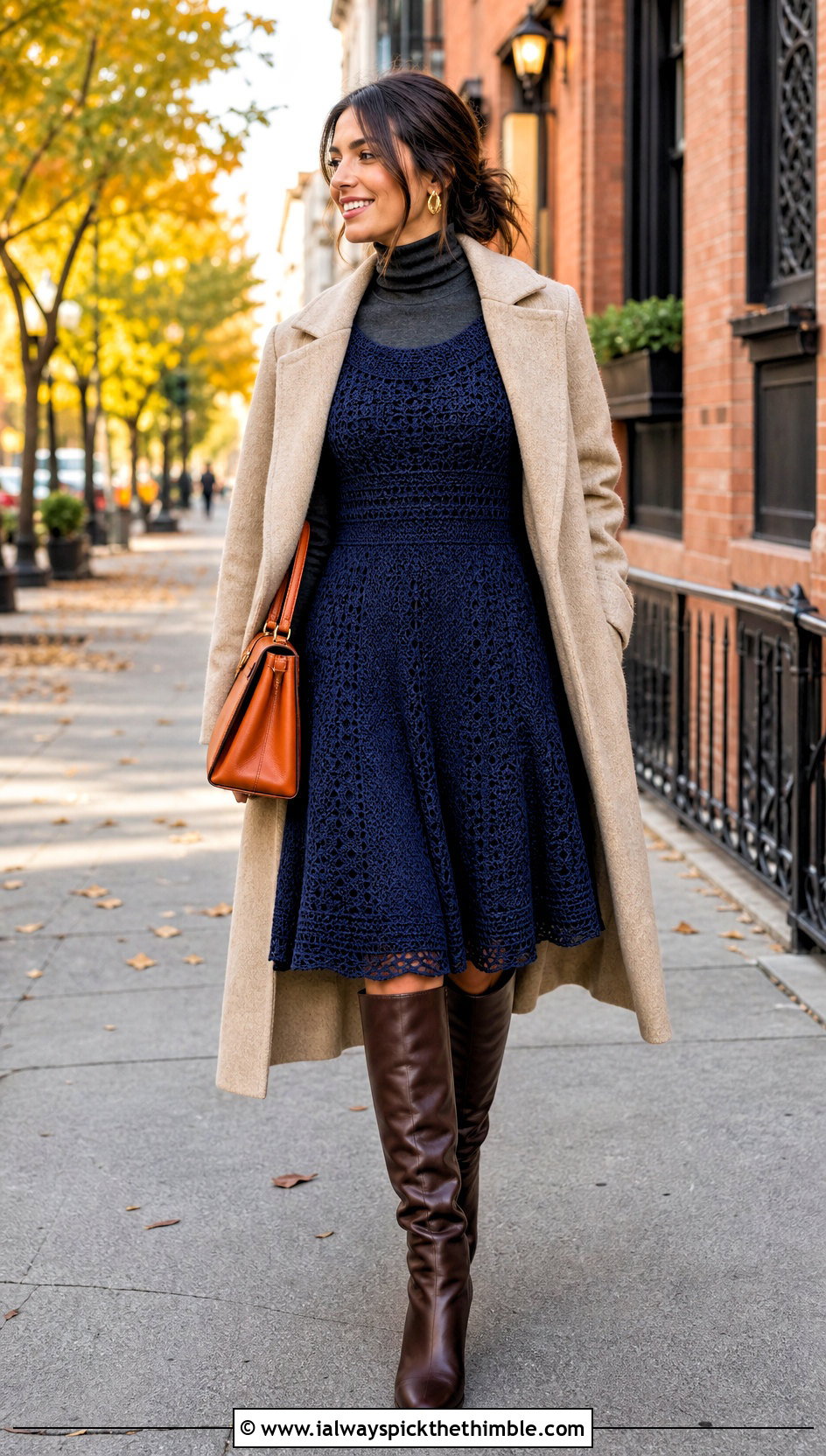 Navy Crochet A Line Dress With Knee High Boots - 20 navy crochet dress outfit ideas
