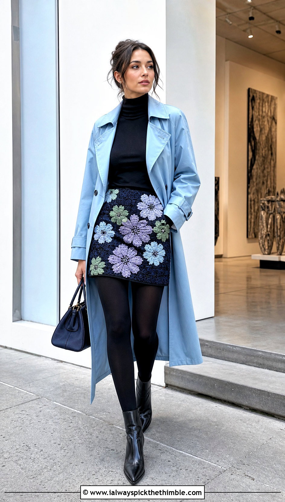 Navy Floral Crochet Mini Skirt With Trench Coat - 15 navy crochet skirt outfit ideas