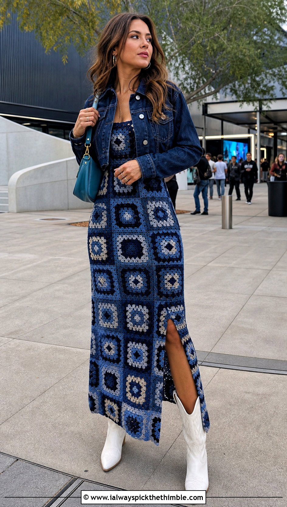 Navy Granny Square Crochet Dress With Cowboy Boots - 20 navy crochet dress outfit ideas