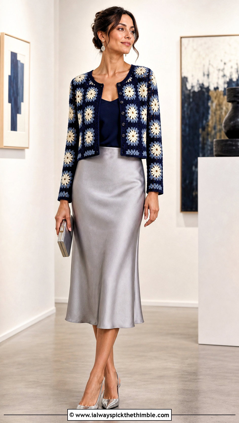 Navy Sunburst Granny Square Cardigan With Satin Midi Skirt - 20 blue granny square cardigan outfit ideas