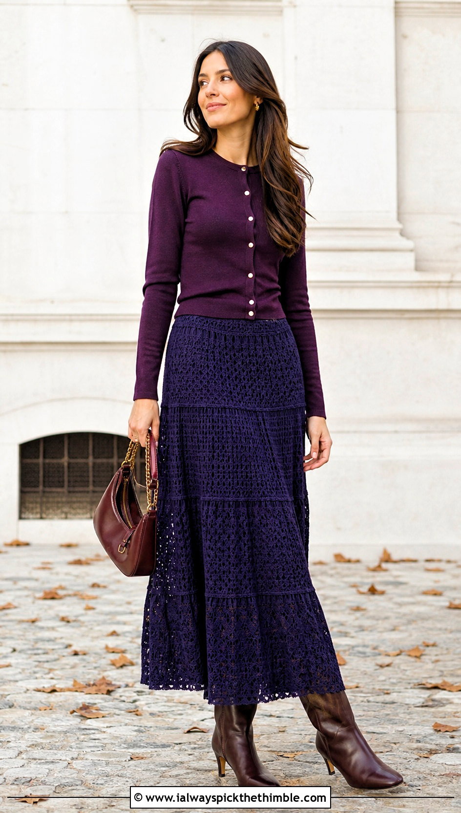 Navy Tiered Crochet Maxi Skirt With Fitted Cardigan - 15 navy crochet skirt outfit ideas