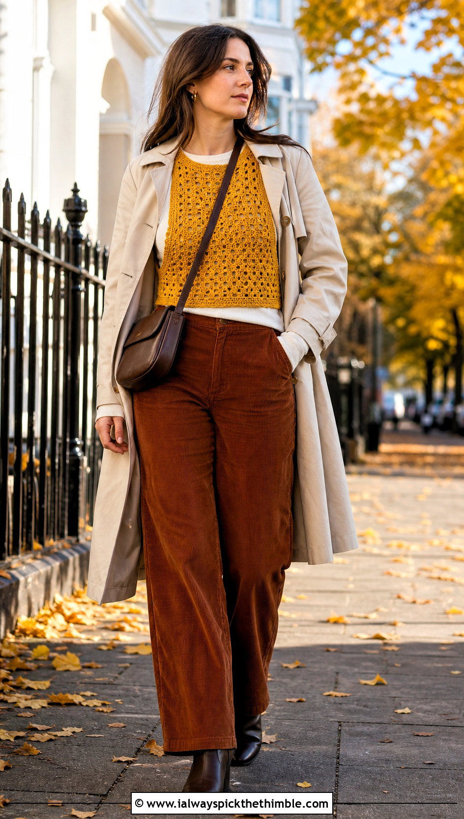 Neith Top With Corduroy Pants And Trench Coat - 20 crochet neith top outfit ideas