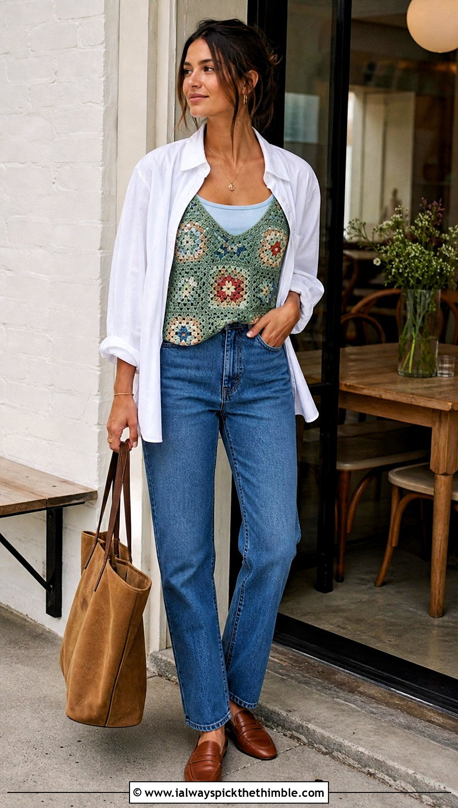 Neith Top With Poplin Shirt And Straight Jeans - 20 crochet neith top outfit ideas