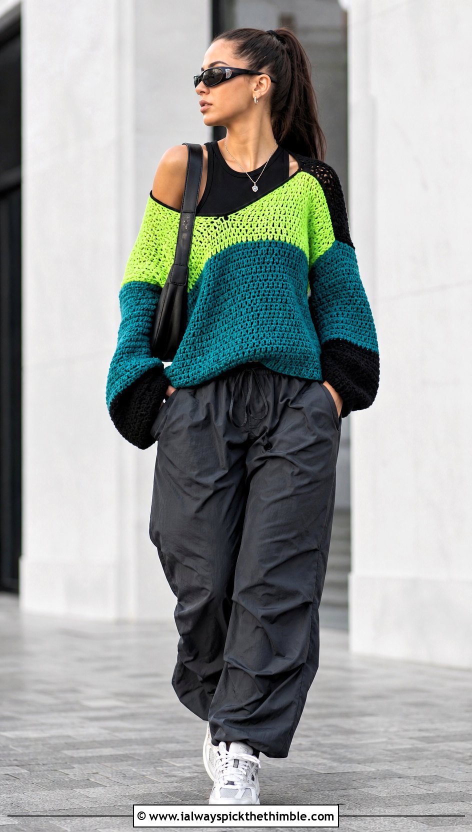 Neon Green Colorblock Crochet Jumper With Parachute Pants - 20 green crochet jumper outfit ideas