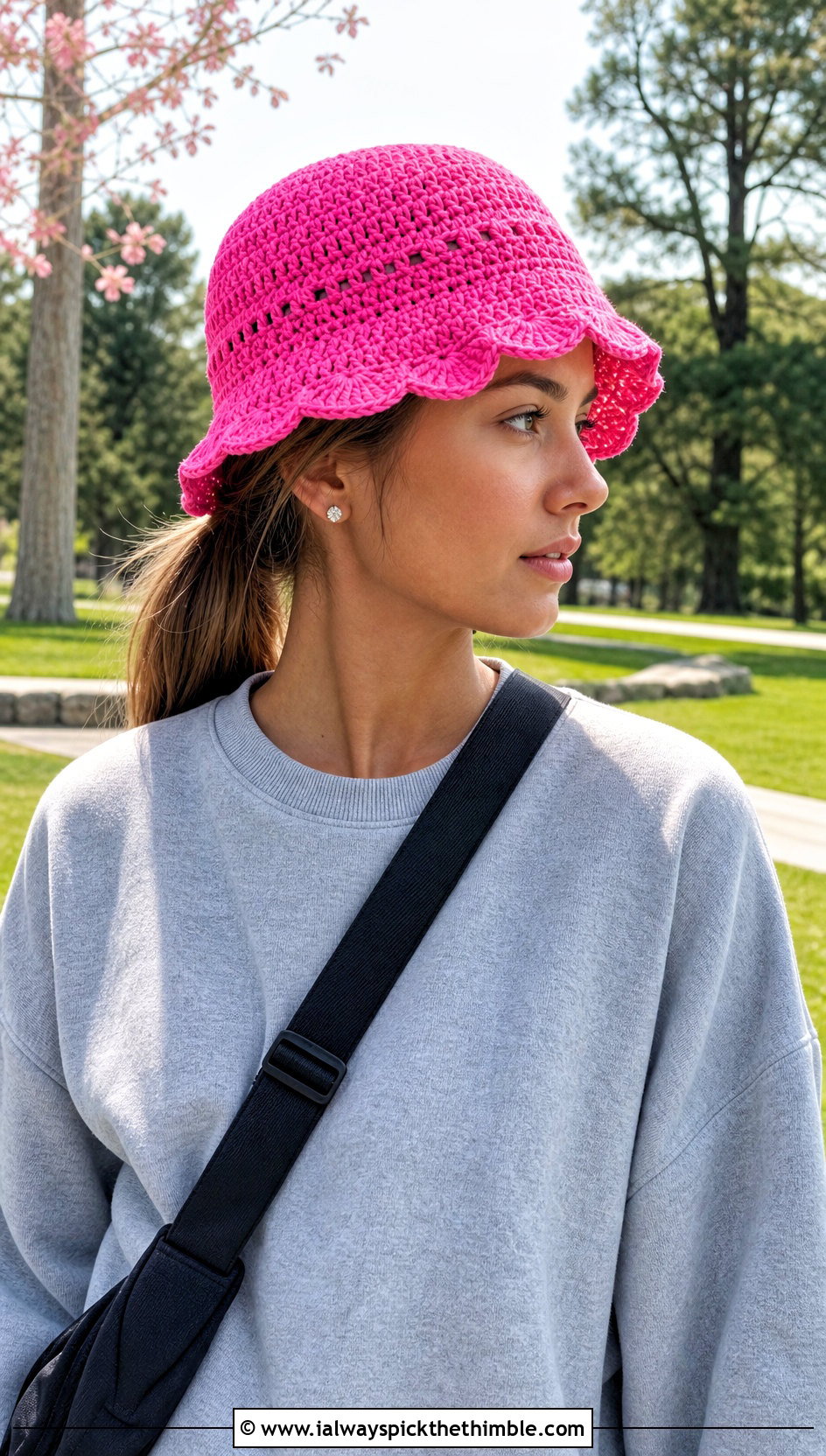 Neon Pink Scalloped Crochet Bucket Hat With Biker Shorts - 15 pink crochet bucket hat outfit ideas