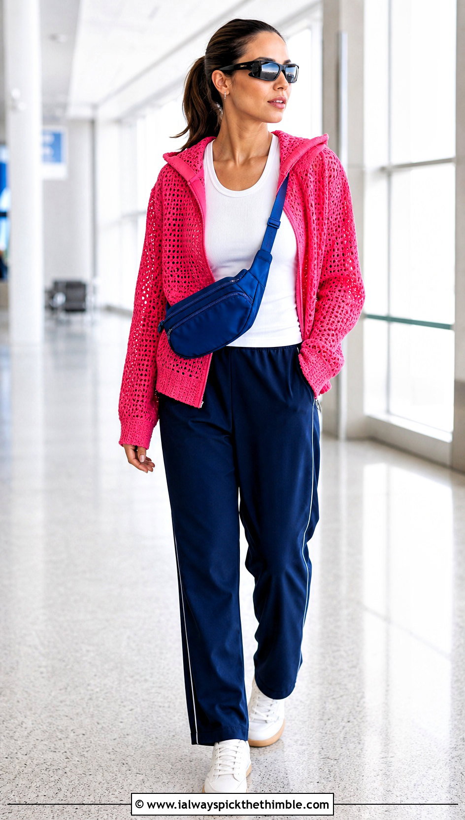Neon Rose Crochet Zip Up Hoodie With Track Pants - 25 pink crochet outfit ideas