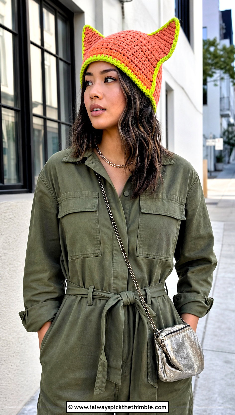 Neon Trim Finn Hat With Utility Jumpsuit - 25 crochet finn hat outfit ideas